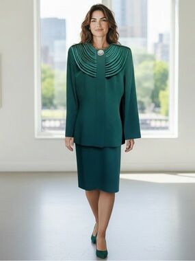 Karen Lawrence by Matthew Vintage Emerald Green Two-Piece Skirt Suit Bib Collar